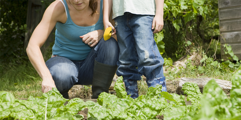 woman and child in veg patch